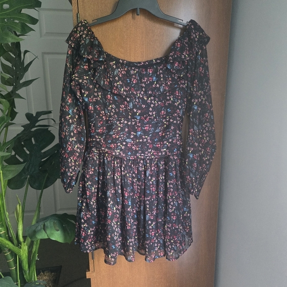 Urban Outfitters Floral Off The Shoulder Mini Dress With Sheer Long Sleeves - Picture 4 of 6